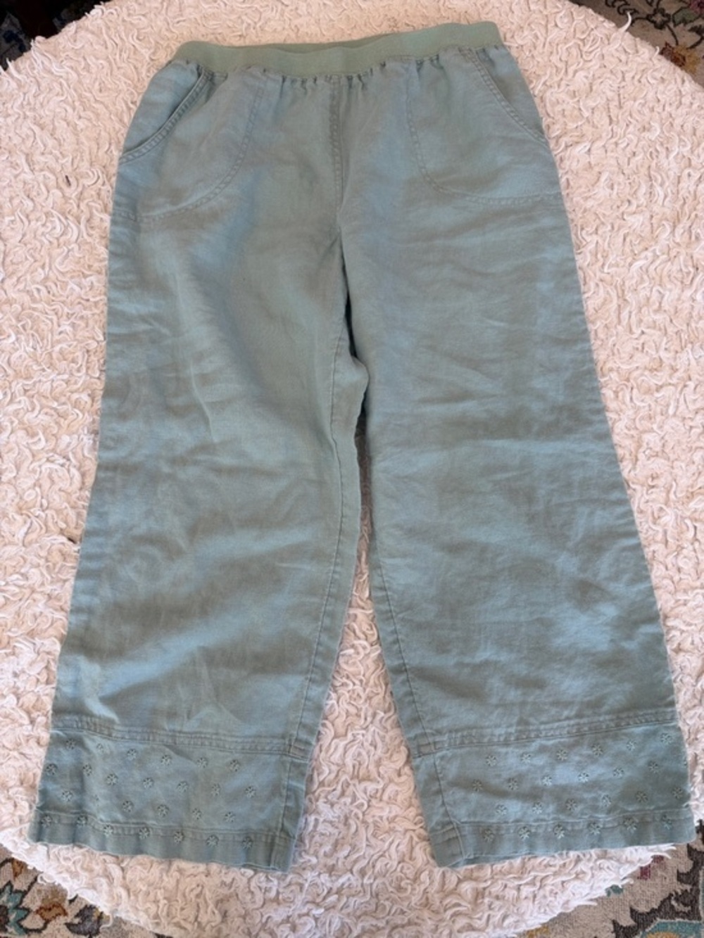 J. Jill Blue/Green Linen  Embroidered-Hem Pull-On Capris